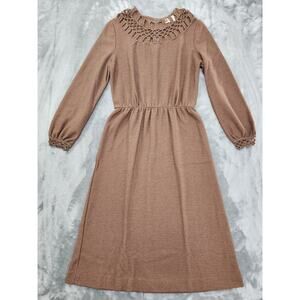 Vintage 60s Dolphin California Crochet Knit Long Sleeve Dress Size M Brown Boho‎